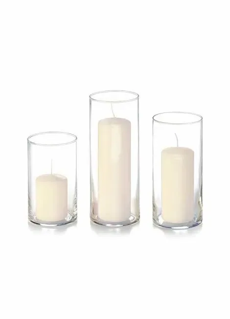 Pillar candles in glass jars, set of three, available to rent